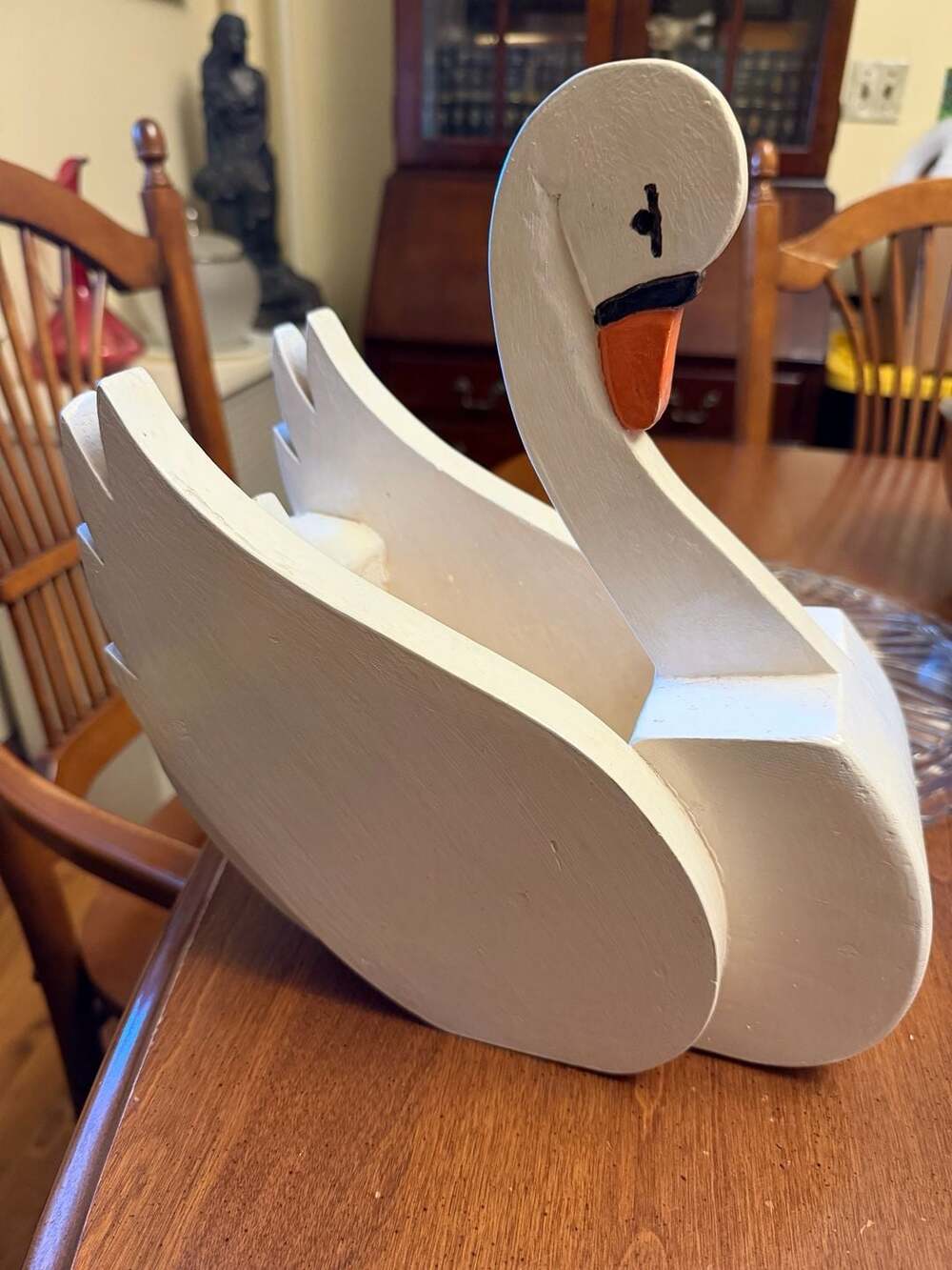 Vintage Handcrafted Wooden White Swan Basket Planter Folk Art